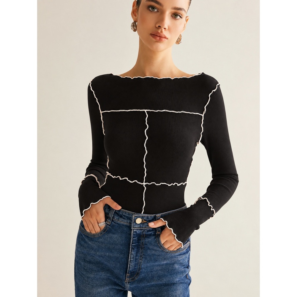 COMMENSE Black Lettuce Trim Cotton Blend Ribbed Long Sleeve Slim Top US 4 S NWT